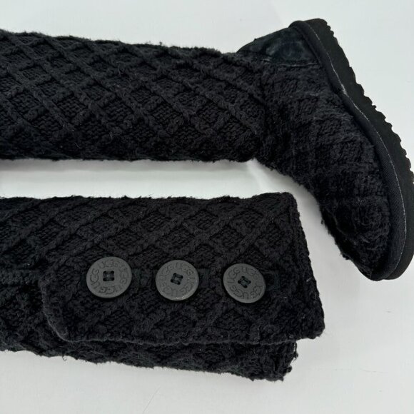 Ugg Classic Black Knit Lattice Cardy 3 Button Winter Fold Over 7 Tall Boots - Picture 4 of 9